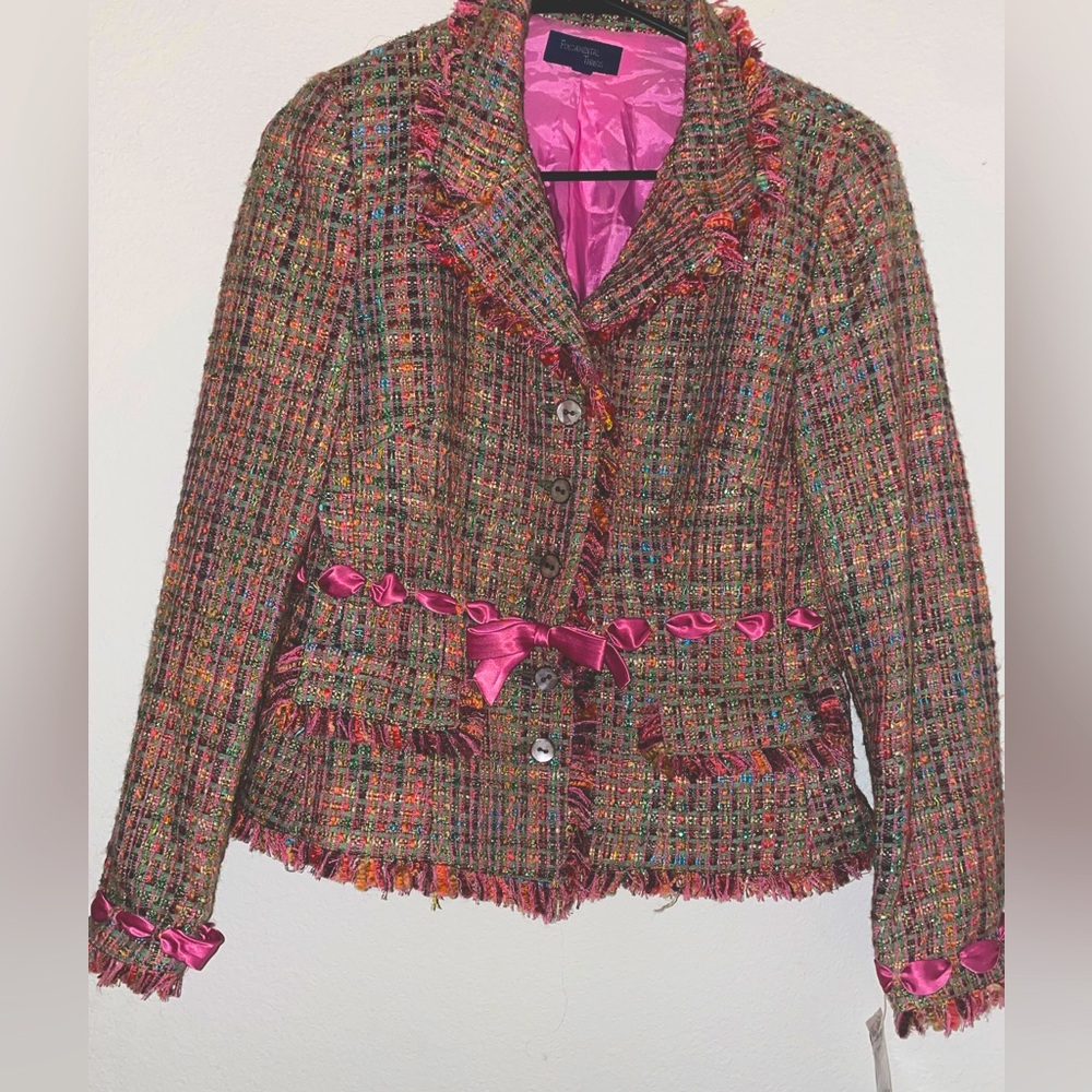 Fundamental Things Jacket Women's Size 8 Tweed Pink  brown Blazer w ribbon  Nwt